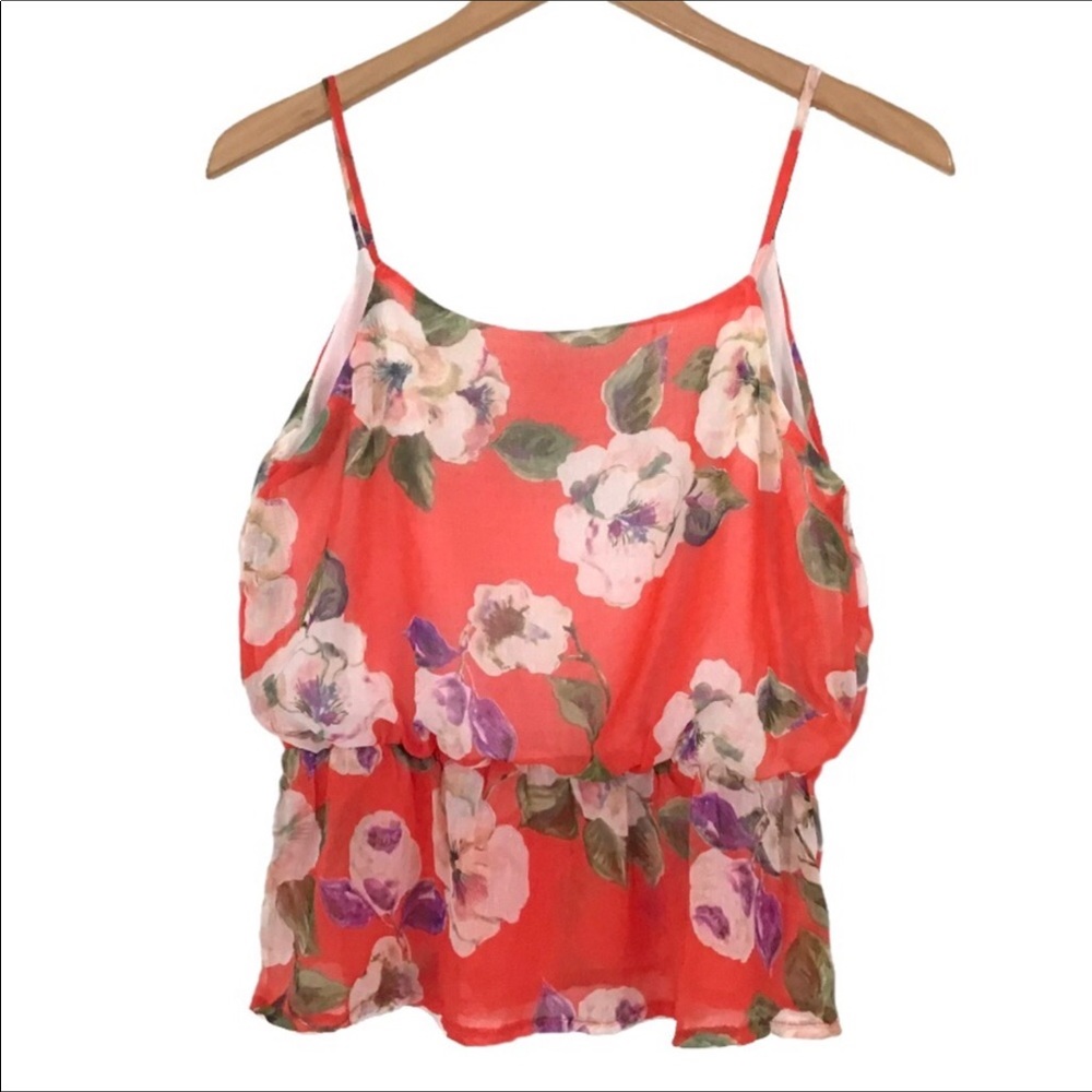 A3 Design Floral Peplum Top Size M Spaghetti Straps Coral Cami Tank Made USA